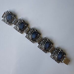 Vintage Park Lane Blue and Black striped cabachon silver tone link bracelet